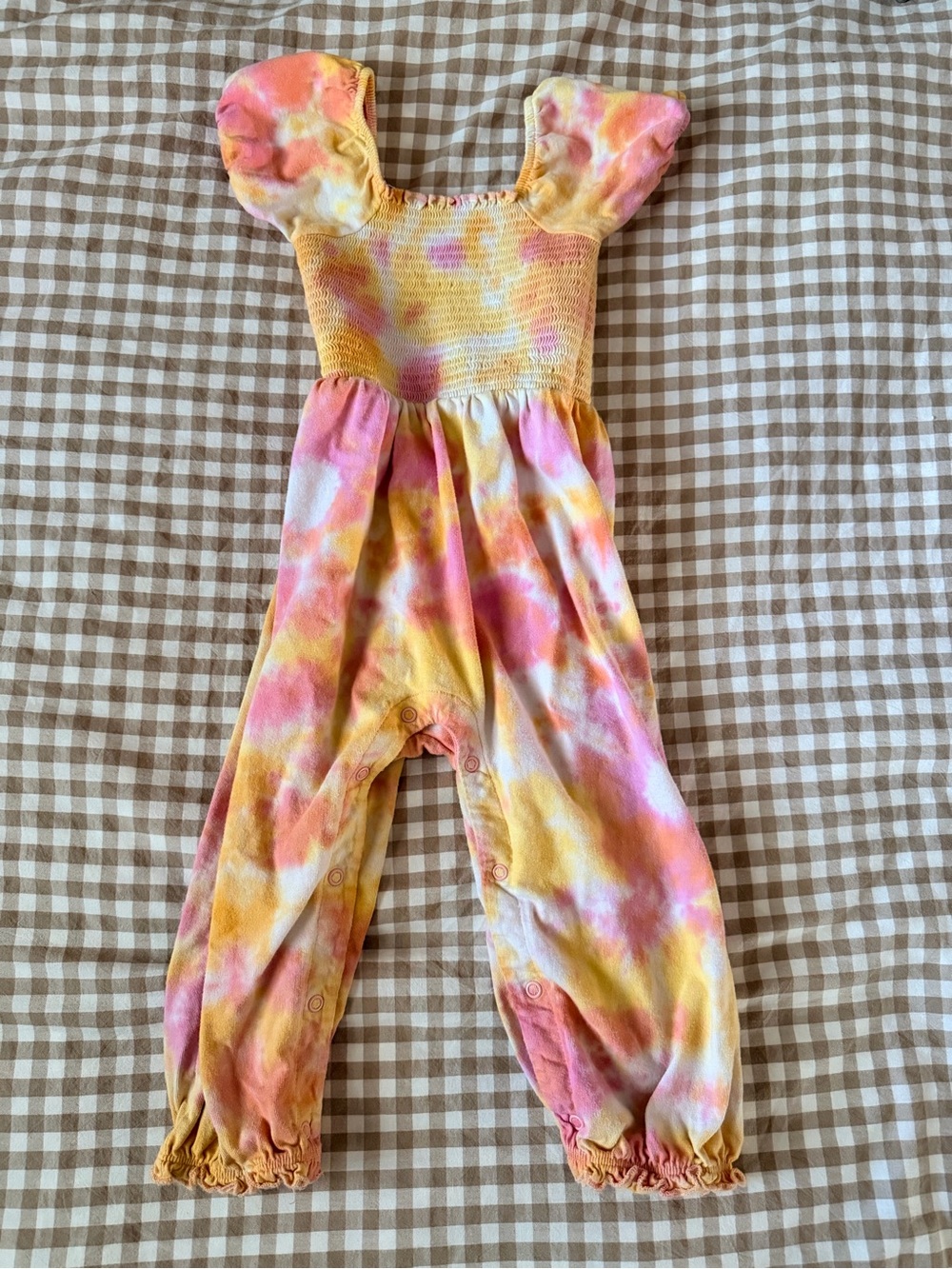 Burt's Bees Pink & Yellow Tie-Dye Smocked Romper